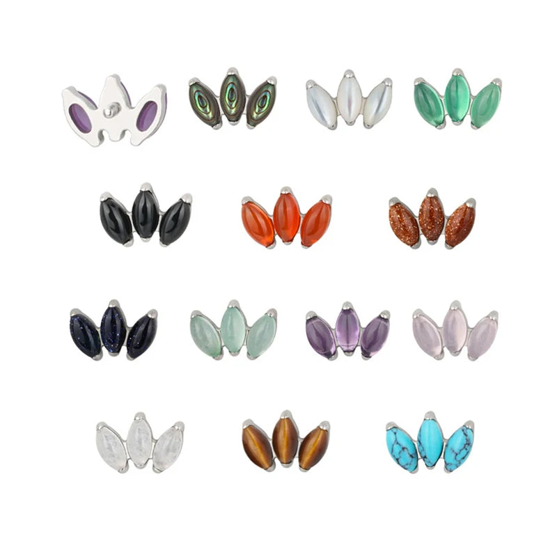 Natural Stone Labret Top Titanium 3 CNC Set Marquise Internally Threaded Body Jewelry Lip Ring Top