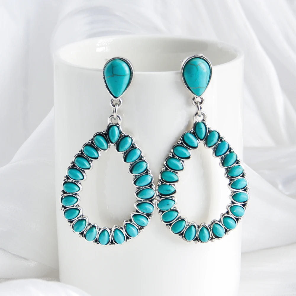New Hot Selling Women Bohemian Luxury Western Jewelry Vintage Ethnic Luxury Turquoise Blue Drop Charm Earring