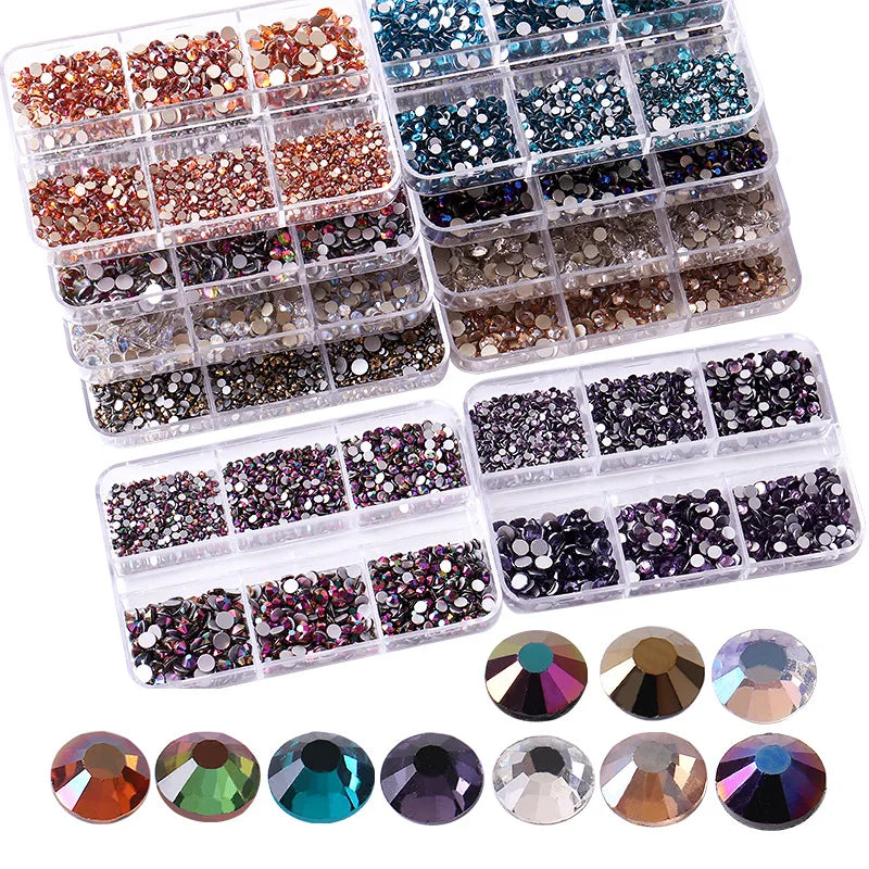 Lan Guang 3D Glass Rhinestone Nail Art Kit Flat Back Loose Round Crystal Set Non Hotfix Bling Nail Charms