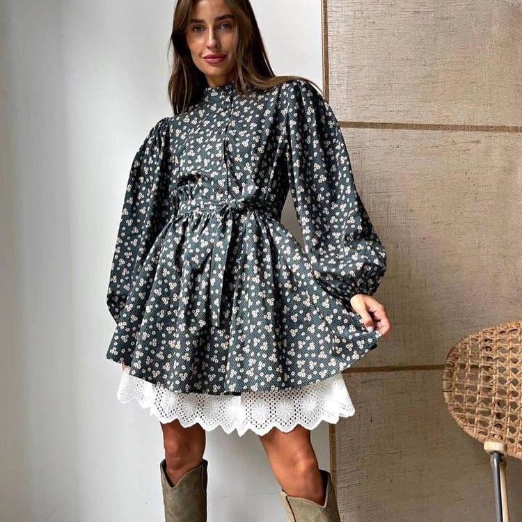 Women Lace Edge Dresses 2023 Fall Puff Long Sleeves Buttoned Stand Collar High Waist Lace-Up Ladies Casual Floral Printed Dress