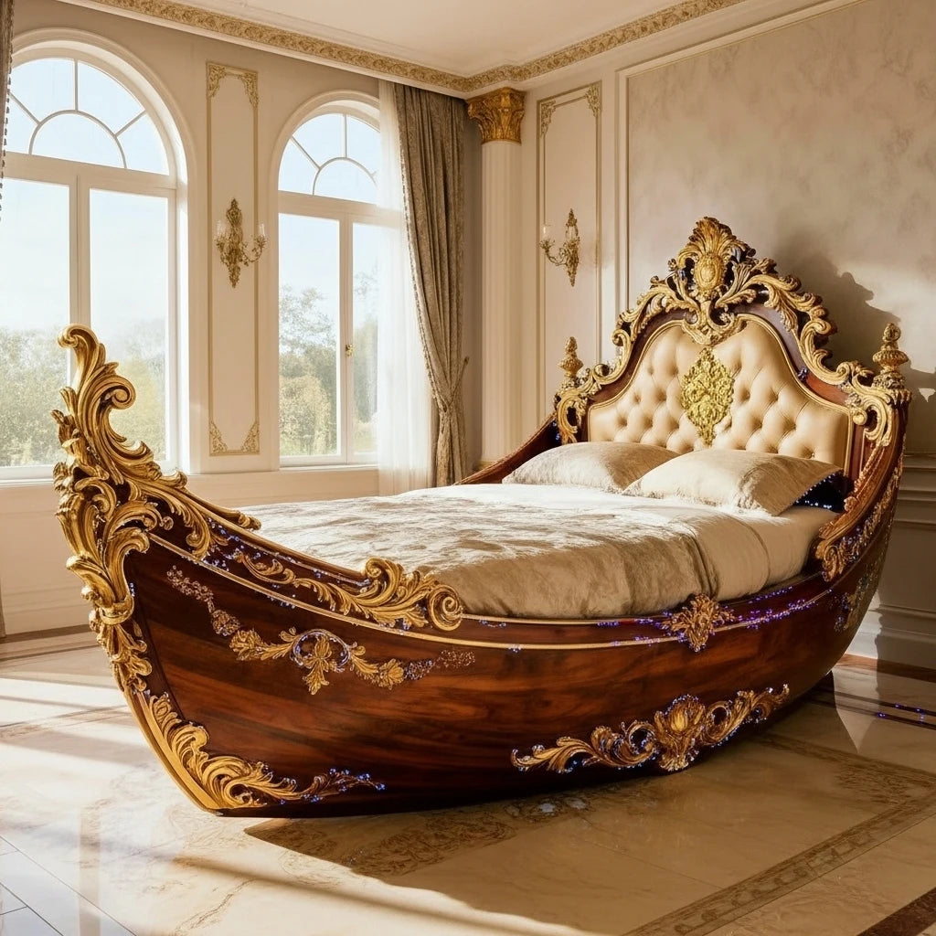 Luxury European Design Royal Galleon Boat Bed with Solid Wood Carved Frame & Gold Trim King Size for Villa & Hotel