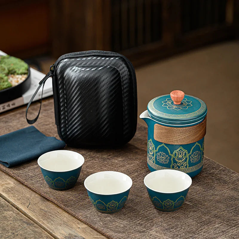 Mini Portable Ceramic Travel Teapot and Cup Set One Tea Pot Three Tea Cups Tea Pot Set With Package Bag