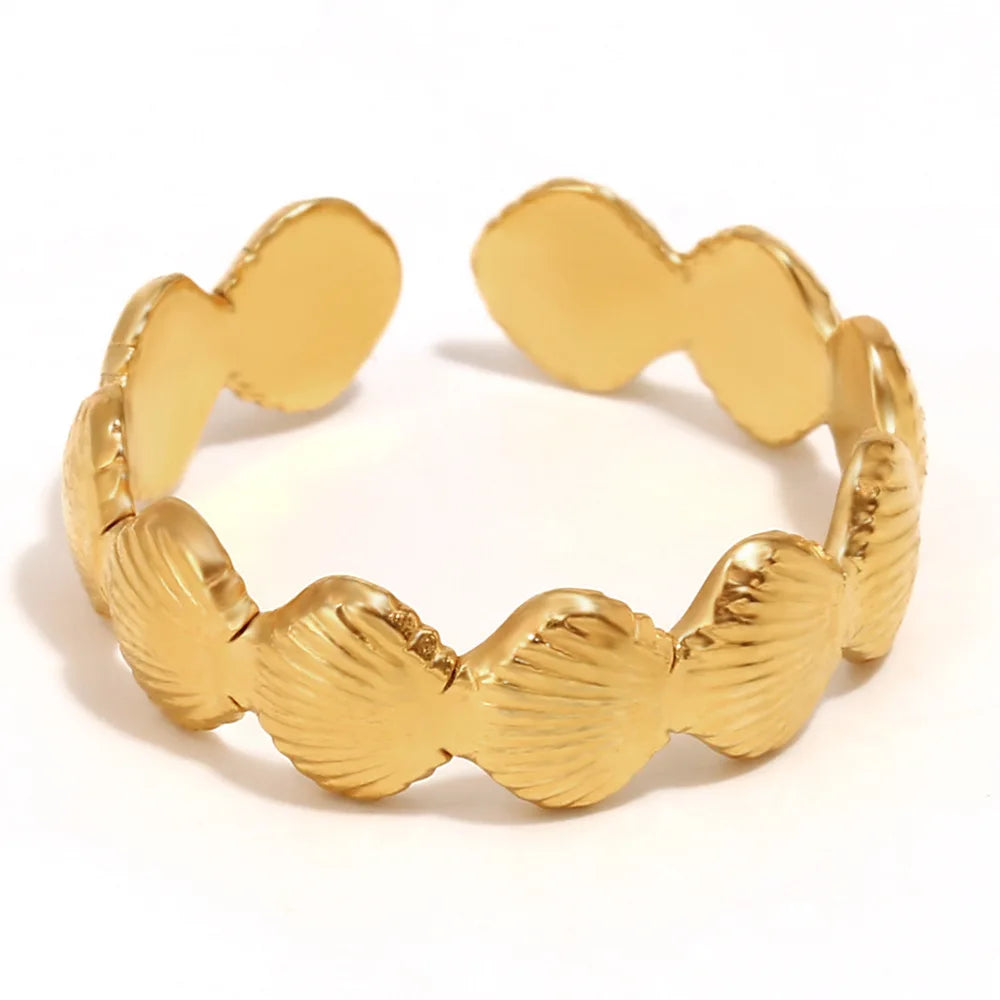 Vintage Style 18K Gold PVD Plated Waterproof Stainless Steel Spliced Shell Open Ring for Summer