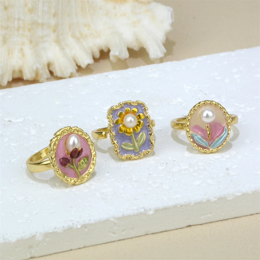 Natural Freshwater Pearl Earrings French Ancient Oil Painting Series Enamel Flower Gemstone Rings Adjustable for Women Wholesale