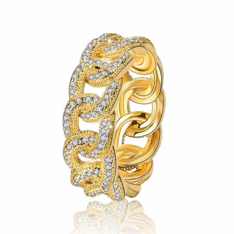 Fashion Jewelry for Men and Women Hip Hop Ring 18K Gold Plated Jewelry Cuban Chain Full Diamond Ring Trend Party Jewelry