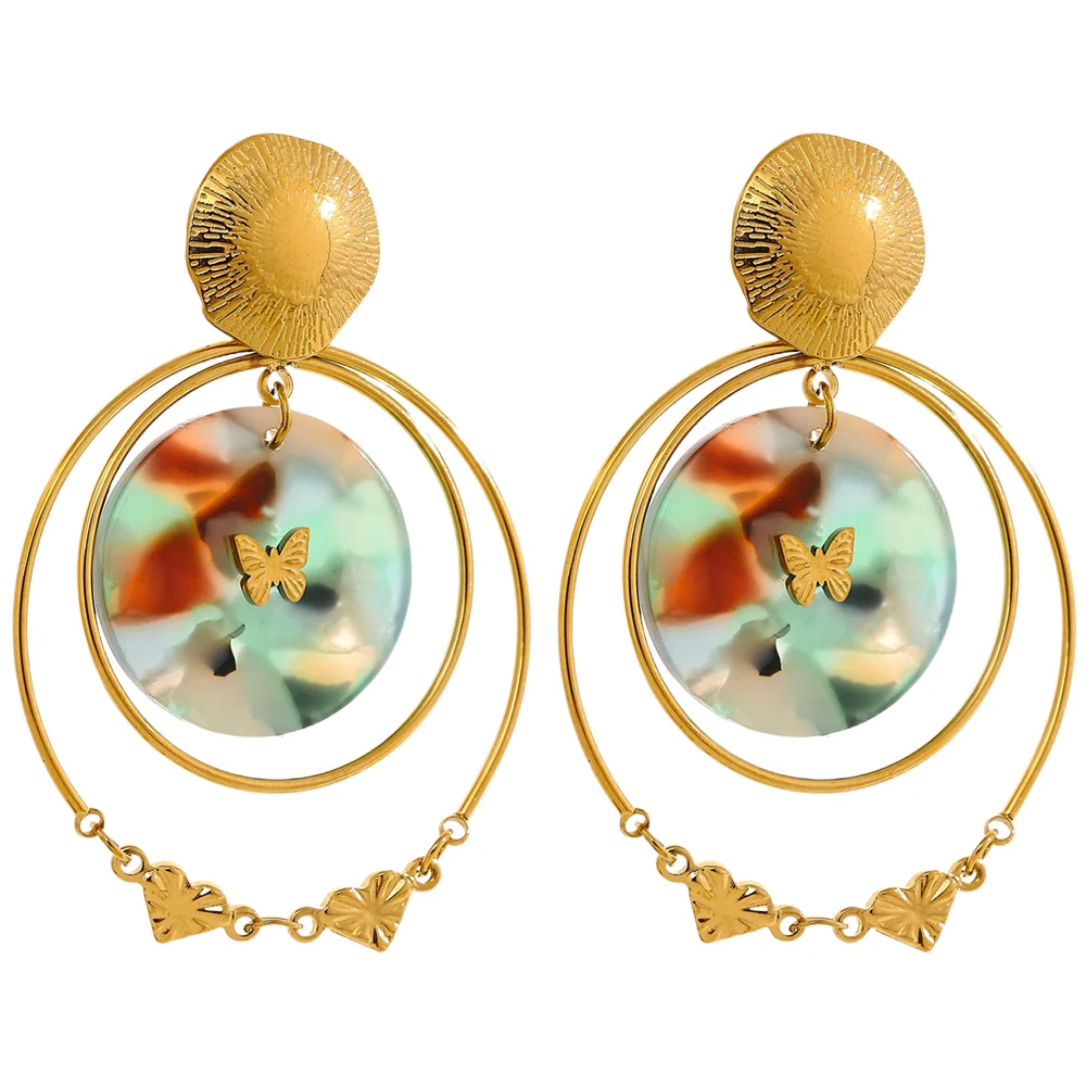 JINYOU  2242 Stainless Steel Acetic Acid Acrylic Round Hollow Layered Dangle France Earrings Gold Fashion Jewelry Bijoux Women