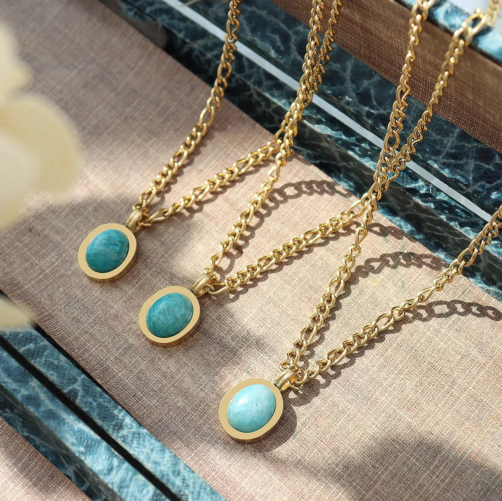 16inches Stainless Steel Jewelry Wholesale Mineral Vintage Natural Stone Amazonite Pendant Necklace