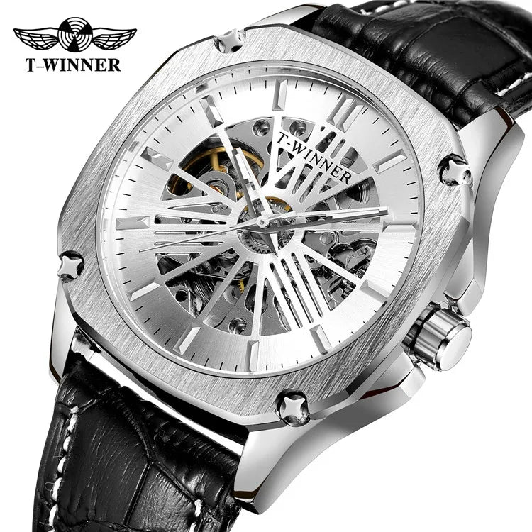 T-Winner 8182 Automatic Watches Men Skeleton Mechanical Punk Man Watch Luxury Brand Leather Strap Golden square Wristwatch