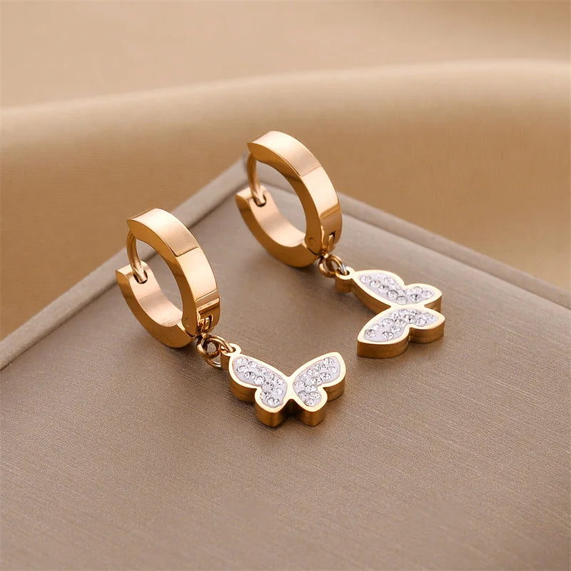 Newest18K Rose Gold Plated Butterfly Huggie  Earrings Shiny Crystal Titanium Steel Butterfly Earrings