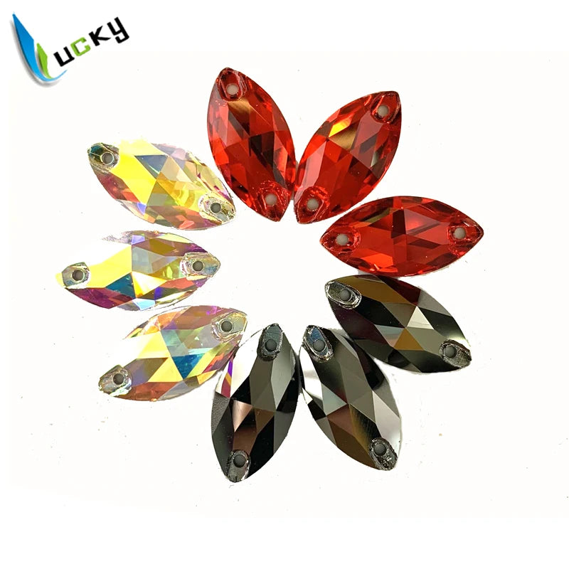 LUCKY Wholesale K9 Highest Quality Sew on Rhinestone Sew on Crystal Navette Shape Hematite Crystal ab 9x18mm 7x15mm