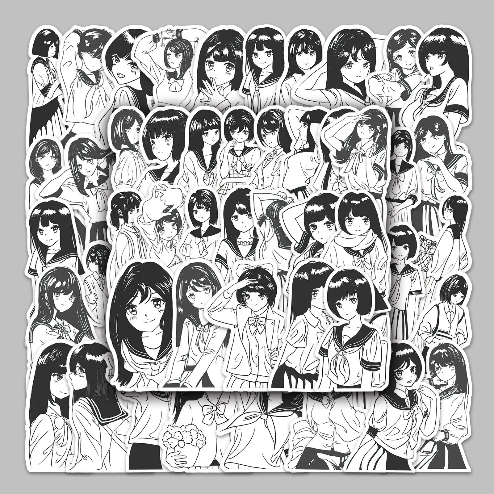 50PCS Black and white cartoon preppy style JK uniform anime girl sticker