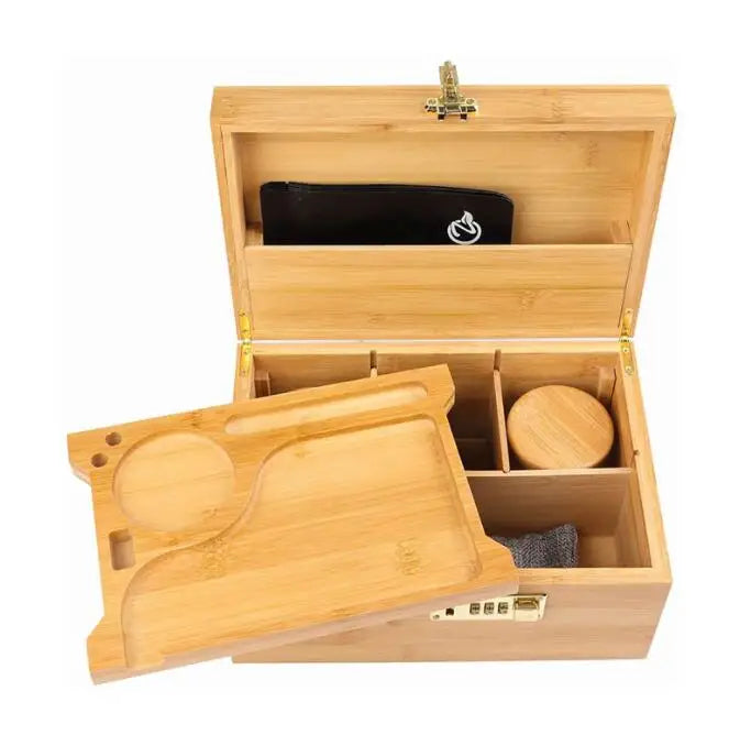 Folding Detachable Carved Rectangle Bamboo Storage Box with Password Lock Multi-Purpose Wooden Jewelry Case for Home Use