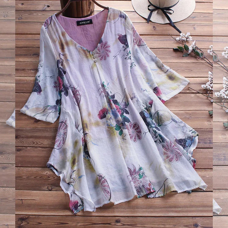 M-5XL Large Size Women's Shirt Cotton and Linen Summer V-neck Half-sleeve Loose White Top OL Temperament Blouse Chiffon Shirt