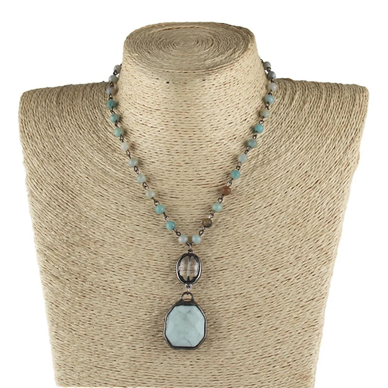 Women Natural Gemstone Amazonite Dalmatian Necklace Rosary Chain Link Solider Crystal Gemstone Pendant Choker Necklace