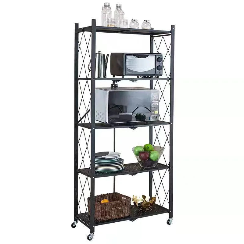Kitchen Storage Shelves Kitchen Storage Rack Foldable Storage Holders & Racks with Rollers Home Five Layers Portable Black 2 Pcs