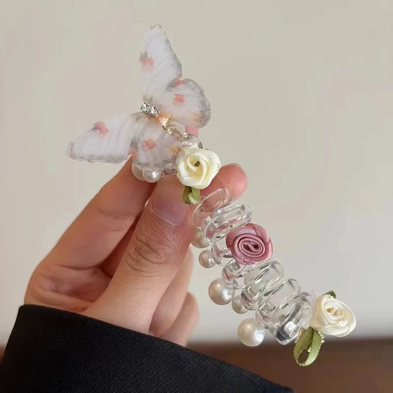 Fashion Butterfly Flower Elastic Rubber Bands for Women Girl Telephone Wire Hair Ties Spiral Hair Rope Ponytail Hair Accessories