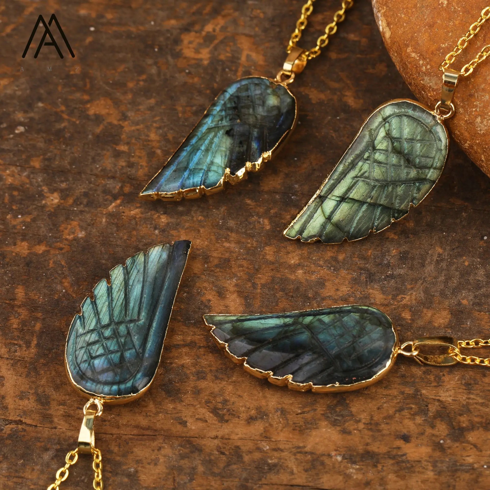 Fashion Wing Necklace  Healing Natural Stone Fluorite Labradorite Pendant Crystal Necklaces Boho Jewelry