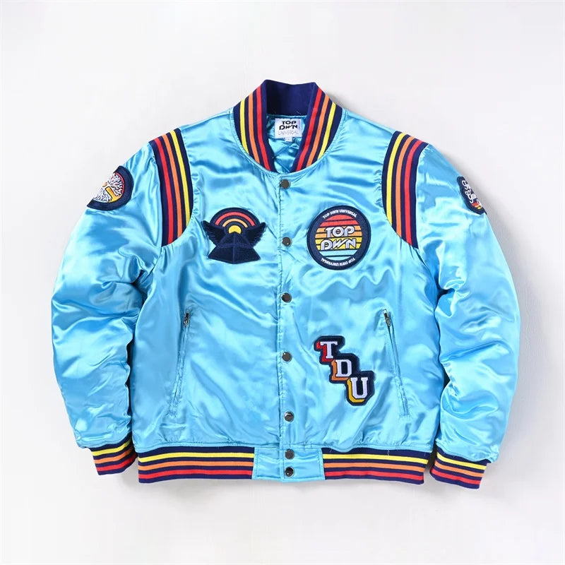 Topshow Satin Jacket 100% Cotton Streetwear Patch Work Embroidery Button Jacket Winter Webbing Jacket