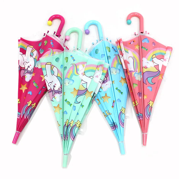 Edge Kids Umbrella Cute Transparent Unicorn Design Long Handle Manual Control Polyester Rain Umbrella for Boys and Girls