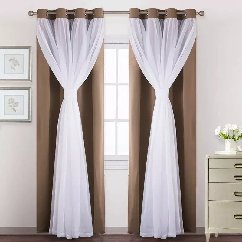 Solid Grommet Double Layer Window Curtain for Bedroom and Living Room Blackout and Sun Block with Sheer Black Out and Design