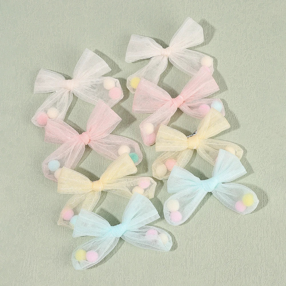 CN 8Pcs Sweet Pastel Tulle Boutique Hair Bow Clip with Candy Color Pom Pom Hair Clip Girls Kids