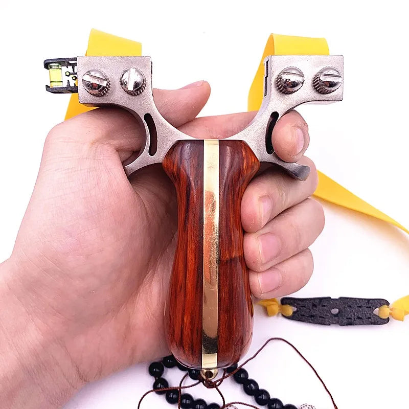 Stainless Steel + Solid Wood Slingshot with Horizontal Sight and Flat Rubber Band Slingshot for Outdoor Hunting Slingshot