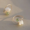 Korean Elegant Minimalist Gold Plated Crystal Ring Open Adjustable Geometric Natural Stone Flower Jade Ring