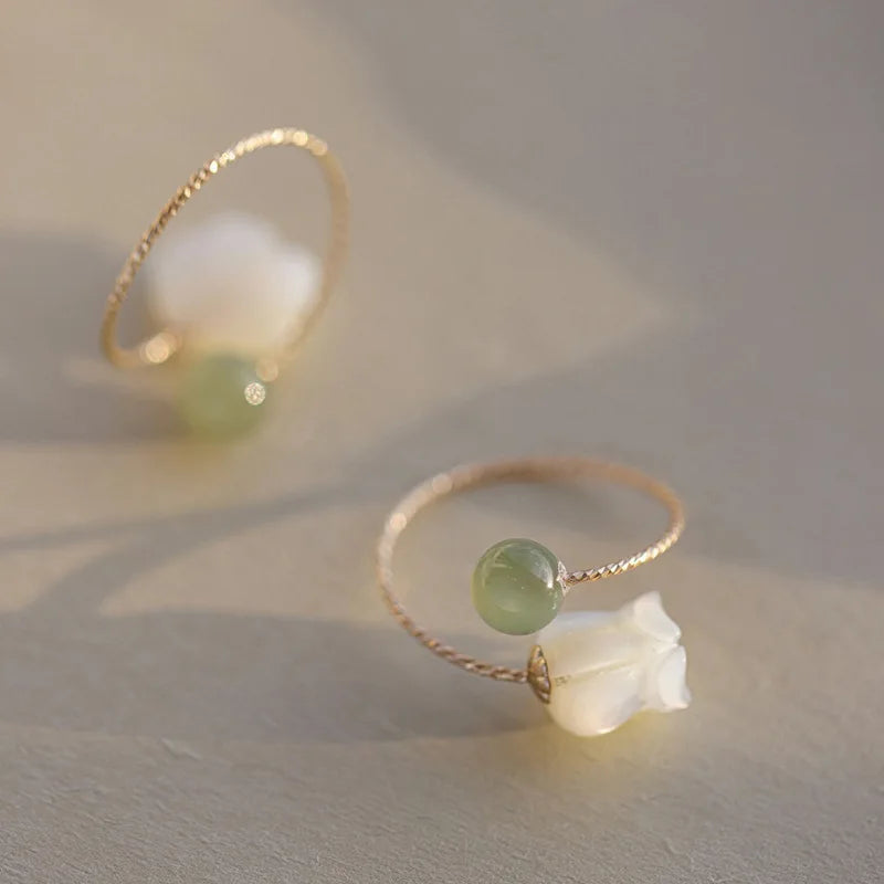 Korean Elegant Minimalist Gold Plated Crystal Ring Open Adjustable Geometric Natural Stone Flower Jade Ring