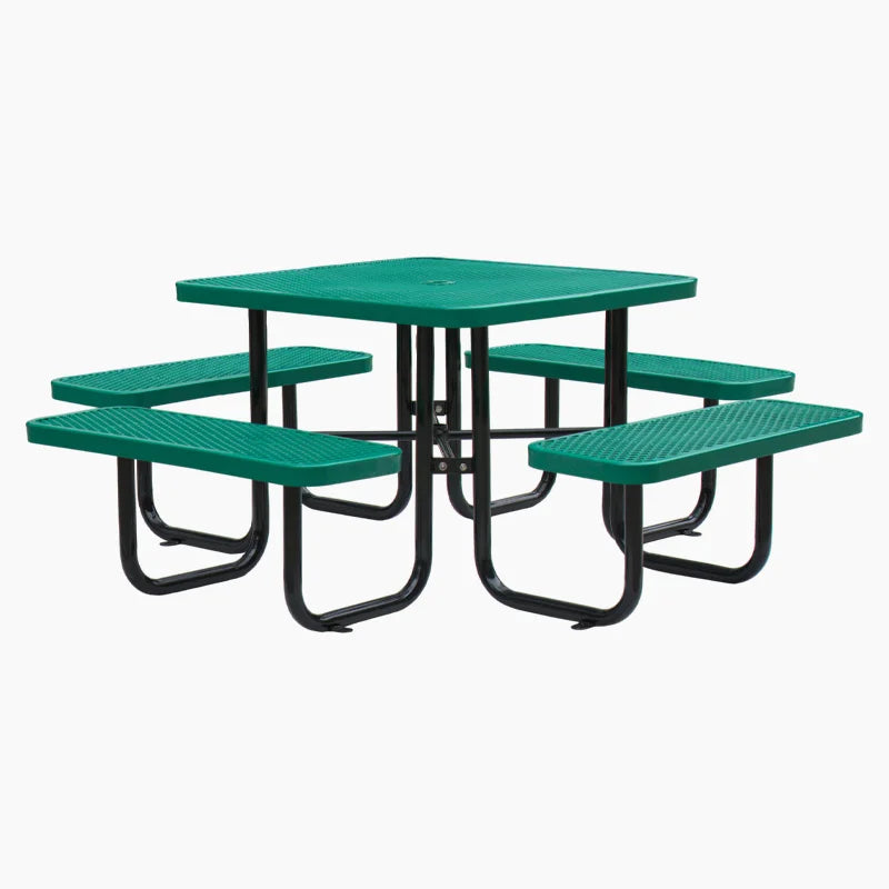 Outdoor Public Commercial square Expanded Steel Picnic Table with 4 Benches Outside Restaurant Garden Patio Metal Dining Table