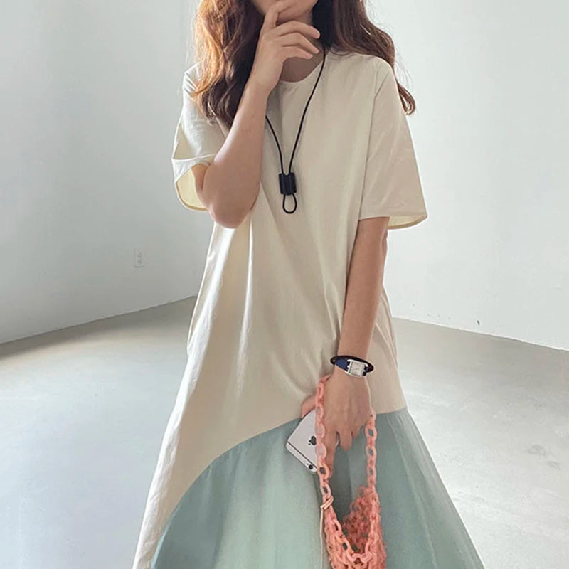 Wholesale 2026 Summer Simple and Versatile Round Neck Contrast Color Stitching Loose Knee-length Large Swing Short-sleeved Dress