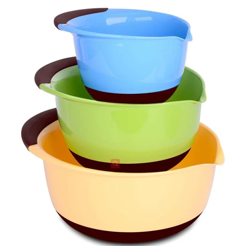 Colorful Disposable Plastic Salad Mixing Bowl Set Nesting Storage Bowls with Handle and Silicone Bottom