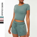 2022 2 Pieces Fitness Set Sports Top Women Open Navel Short Sleeve Fitness T-shirt Yoga Top Running Yoga Suit
