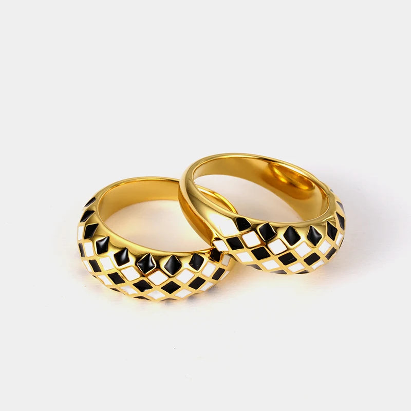 Custom Stainless Steel 18k Gold Plated Enamel Black and White Grid Chess Checkerboard Lattice Ring
