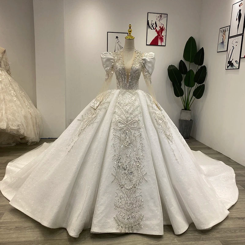 Jancember Wm004 Crystal Elegant Long Sleeve Bridal Ball Gown Dresses Women Wedding
