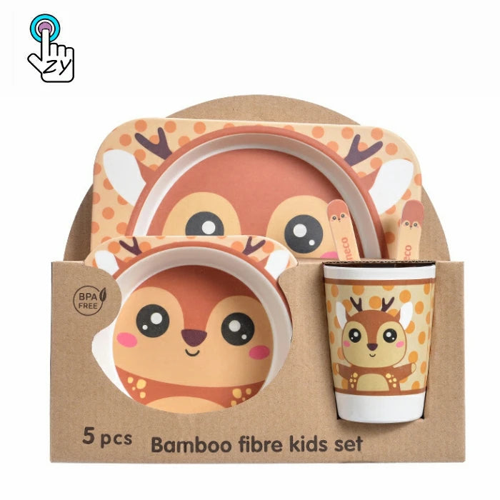 Bamboo Fiber Kids Dinnerware SetCartoon Tableware Dinner Plates Set With Cup Fork Spoon Unbreakable Dinnerware