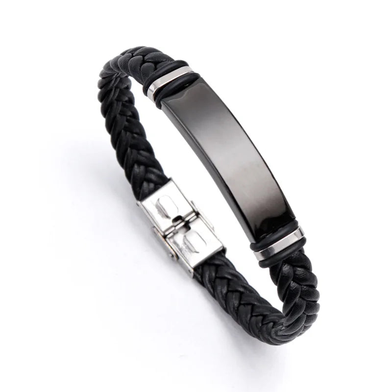Waterproof Leather Bracelet Custom Engraved Logo Brand Stainless Steel Bar Wrist Band PU Rope Braided Leather Bangle Wholesale