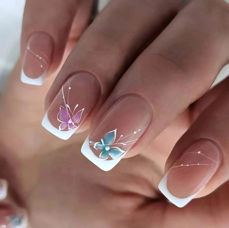 24pcs/Set Luxury Full Cover Press on Fake Nails Waterproof Jelly Nail Sticker French Short Artificial False Nails