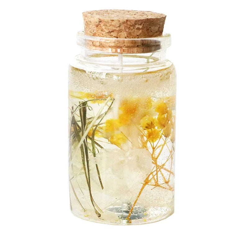 Birthday Diwali Bars Handmade Luxury Customized Dried Flowers Gel Wax Scented Candle in Glass Bottle for Aromatherapy