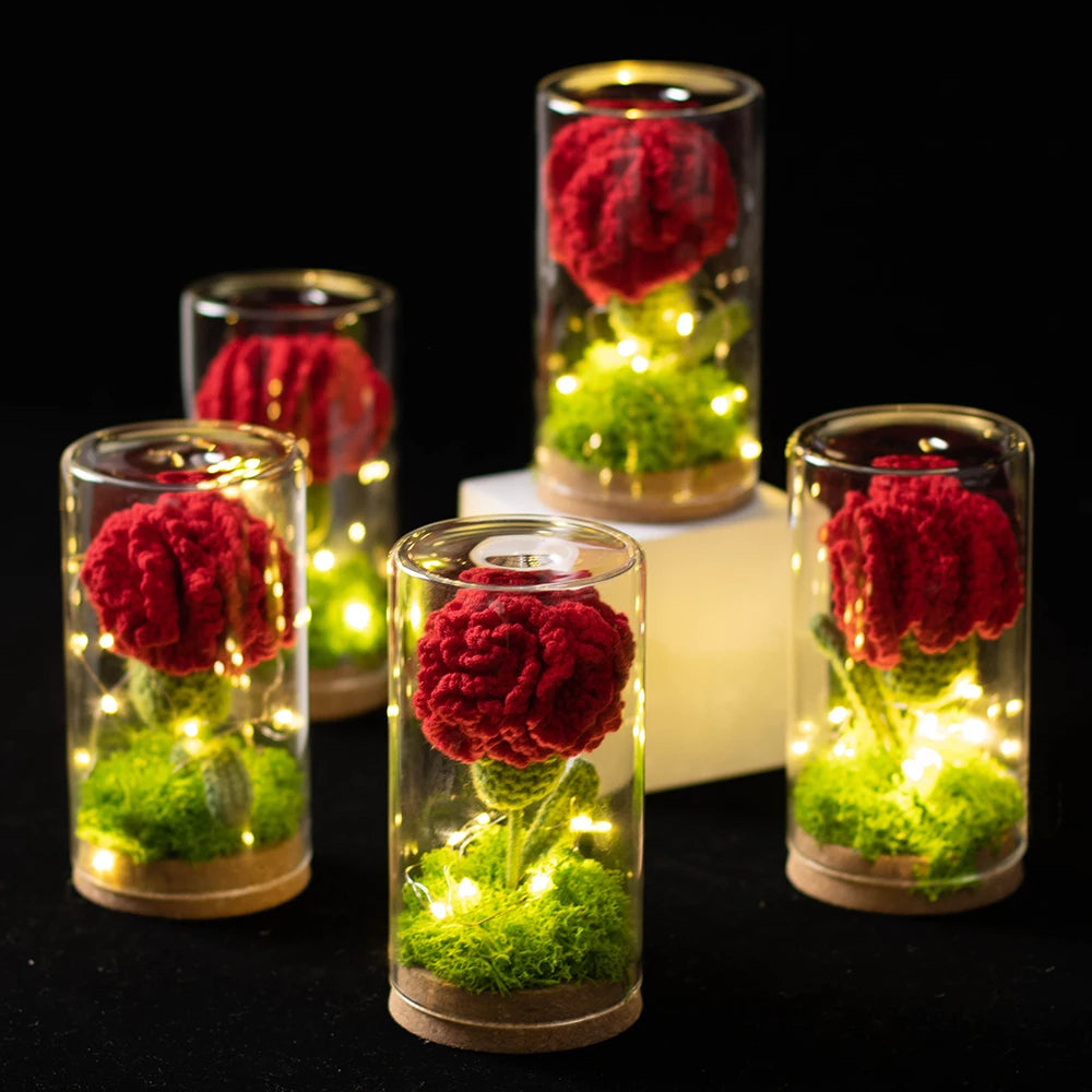 Luminous Lamp Carnation Potted Crochet Flower Glass Lamp Shade Eternal Flower Home Decoration Thanksgiving Mother's Day Gift
