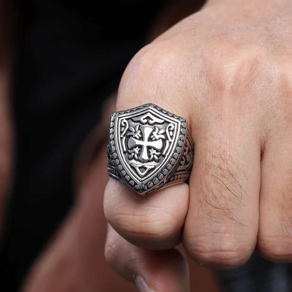 Classic Knight Templar Crusaders Cross Ring  Punk Fleur-de-lis Iris Flower armor Shield Convex Dot Bikers Ring