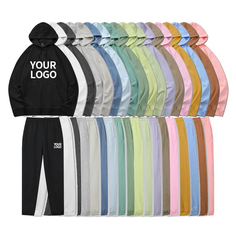 2 Piece Cotton Terry Pullover Hoodie Sweatpants Fall Winter Plain Sweat Suits Private Label Casual Sweatsuit for Track Workout
