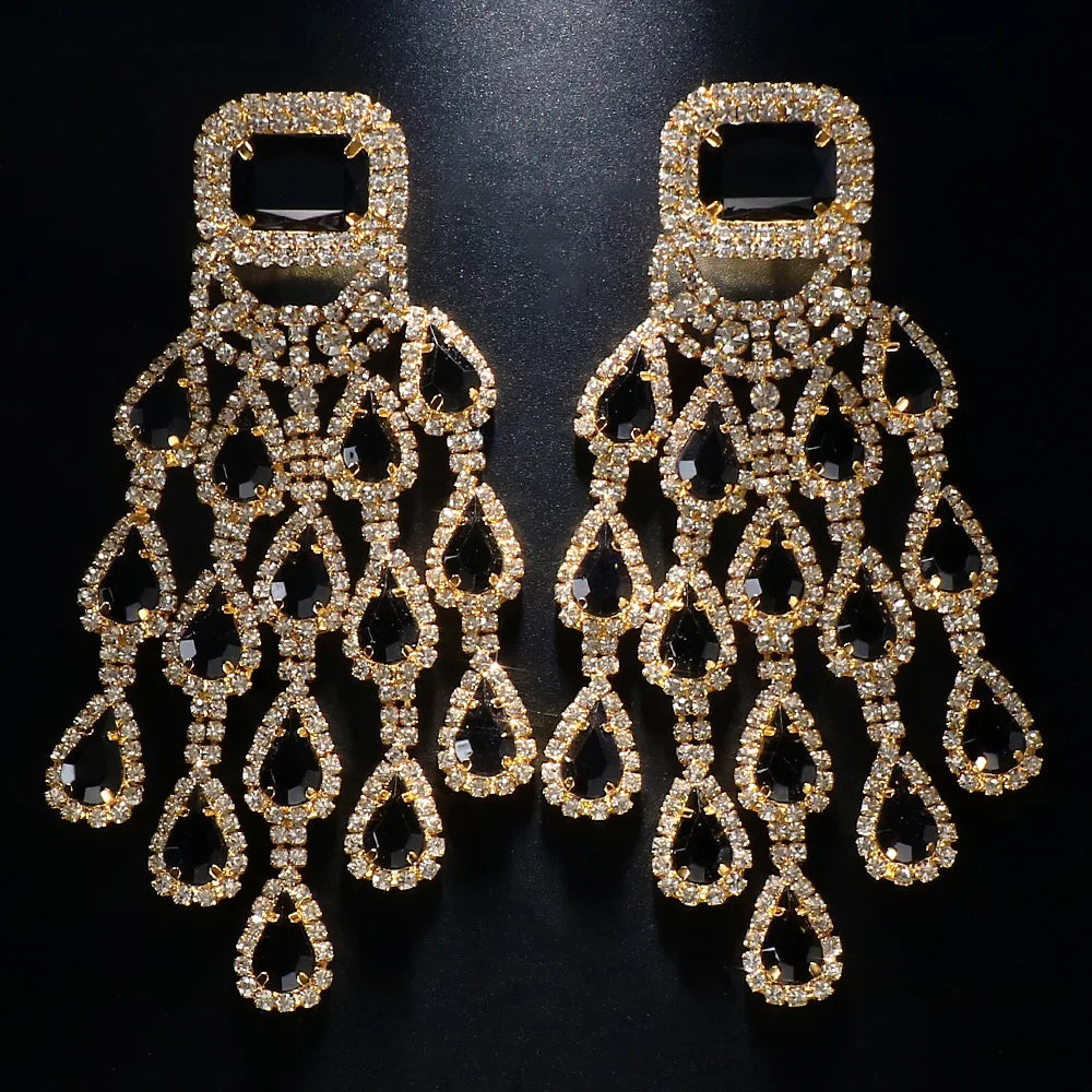 Luxury Jewelry Bling Square Earrings Super Exaggerated Rhinestone Water Drop Tassel Earrings for Wedding