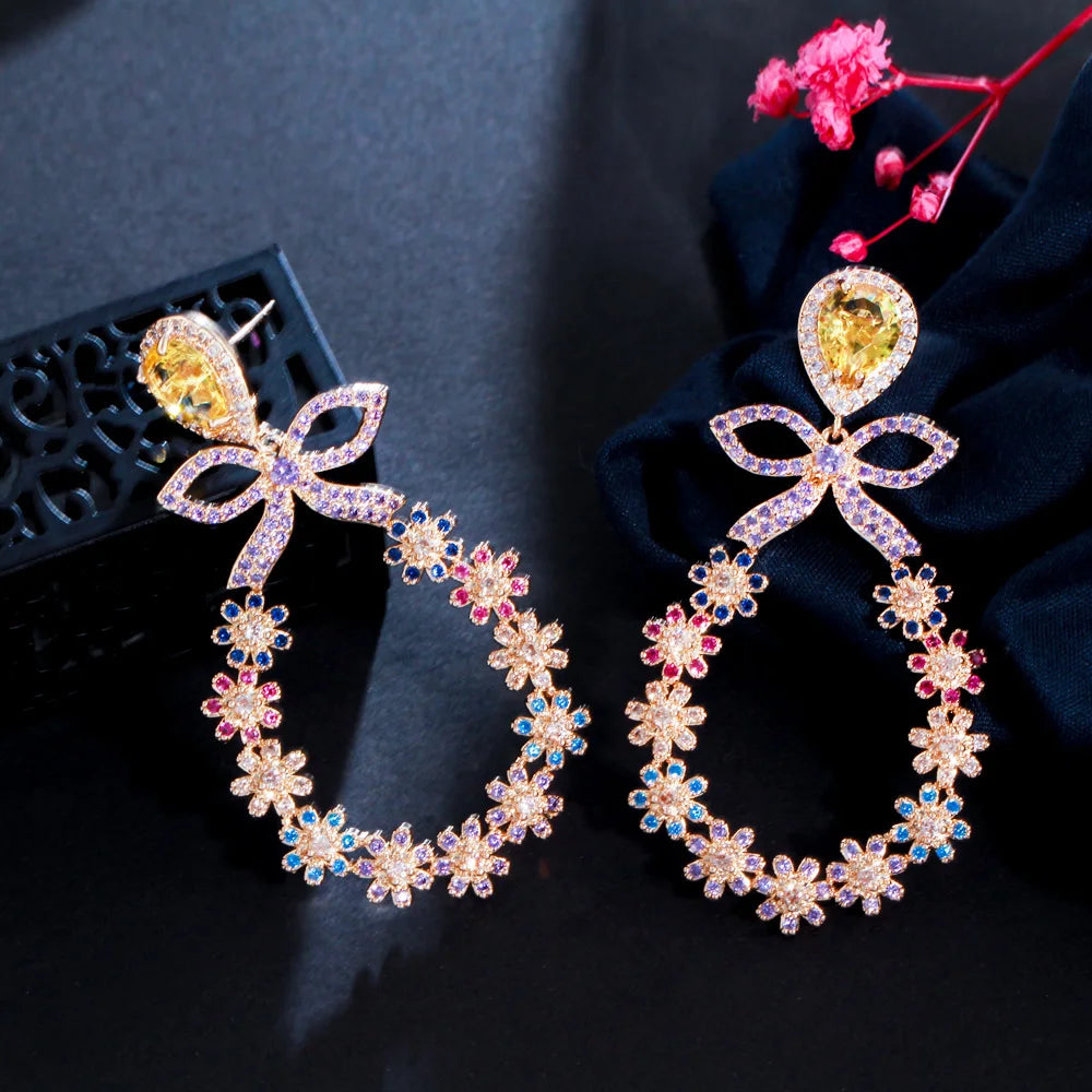 Beautiful Multicolor Cubic Zirconia Stone Big Bowknot Round Flower Drop Earrings for Women Christmas Party Jewelry Gift
