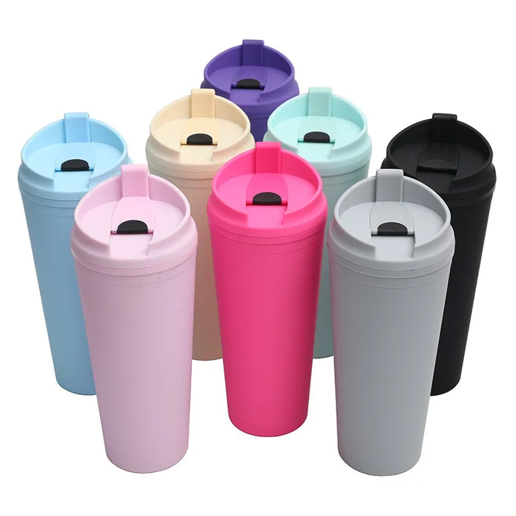 Wholesale 24Oz Plastic Acrylic Frosted Plastic Cups Double Wall Tumbler Cups Snow Globe Skinny Tumblers with Flip Lid and Straw
