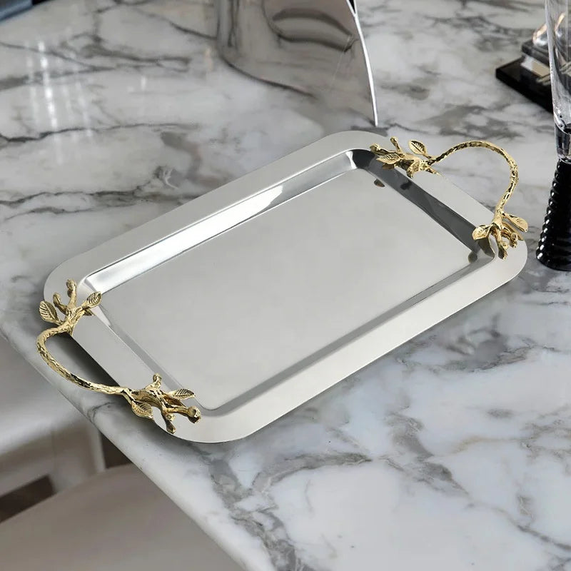 Household High-end Rectangular Tray Tea Cup Storage Plate Luxury Home Decor Stainless Steel Fruit Tray With Gold Metal Handle
