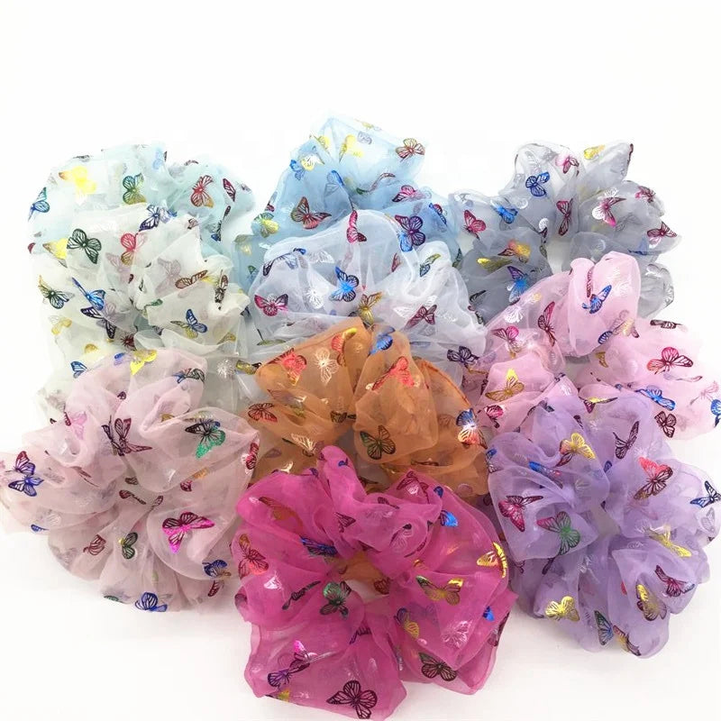 Factory Wholesale New Design Sweet Ponytail Holder Oversized Laser Organza Butterfly Hair Scrunchies