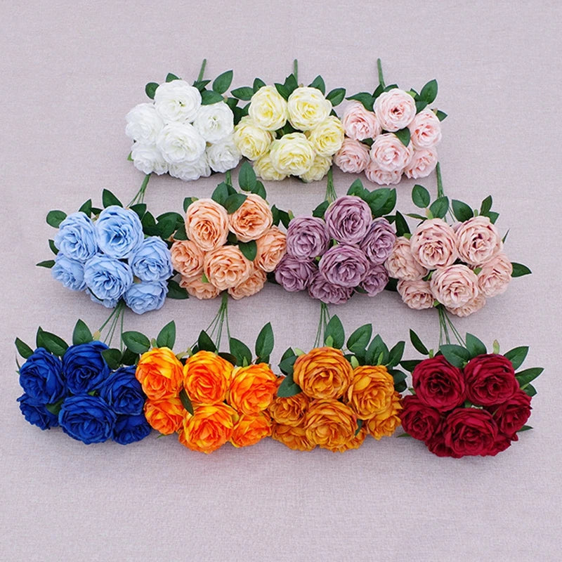 Silk Hydrangeas Roses Bush Artificial Flowers Rose Bouquet for Wedding Bridal Bouquet