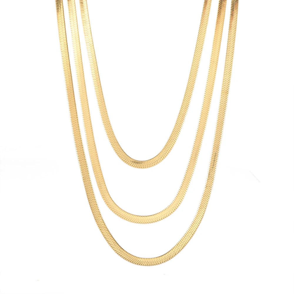 Trendy Jewelry 18K Gold Plated Stainless Steel Snake Chain Necklace Women Flat Herringbone Snake Chain Necklace