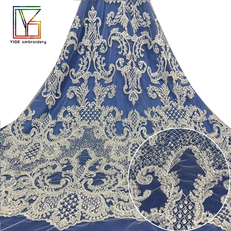 Luxury Bridal Embroidery With Sequins Beaded Tulle Lace Fabric French Heavy Beads Pearl Wedding Lace Fabric for Dresses Women