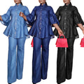 2025 Women's Spring Solid Color Set  Lotus Leaf Sleeve Denim High Collar Nail Buckle Straight Pants Slim-fit Suit